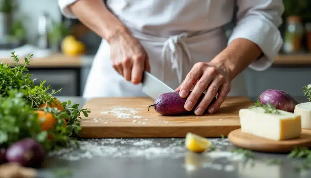 Chef coupe aubergine sur planche en bois.