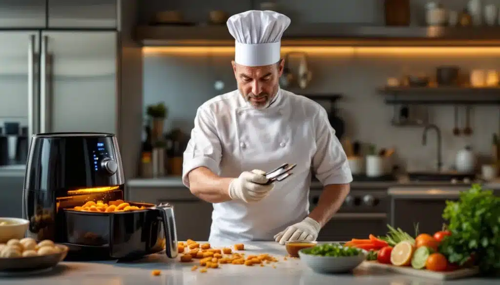 Chef préparant des aliments avec une friteuse.