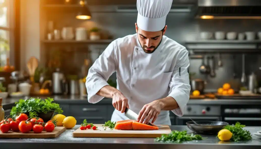 Chef préparant un plat de saumon en cuisine.