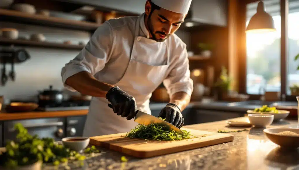 Chef coupant des herbes dans une cuisine moderne.
