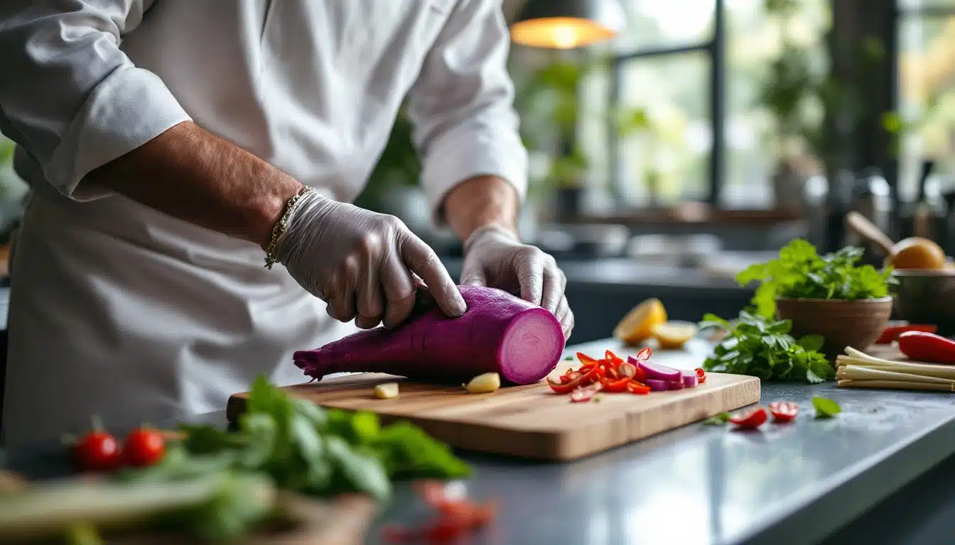 Chef découpant des légumes frais en cuisine.
