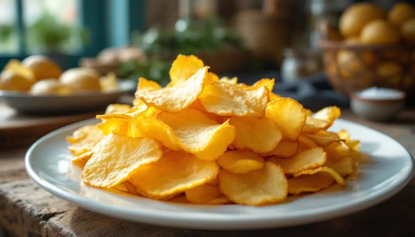 Assiette de chips dorées sur table en bois.