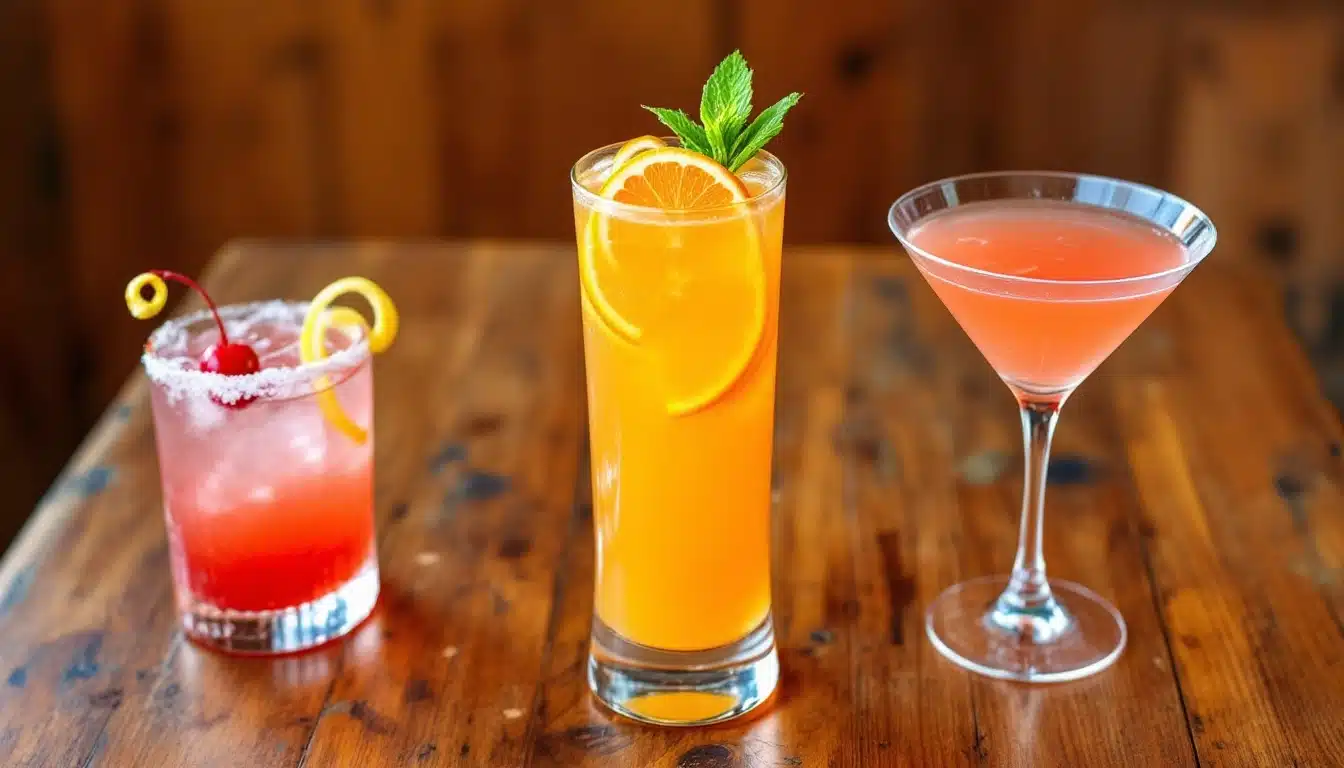 Trois cocktails colorés sur une table en bois.