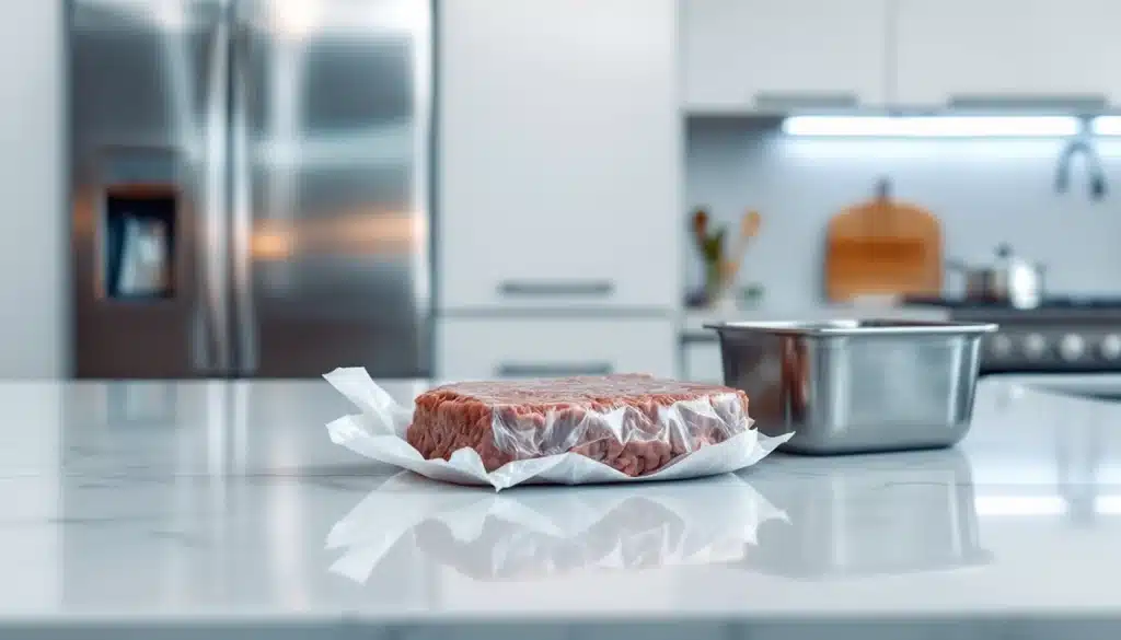 Viande congelée sur plan de travail de cuisine.
