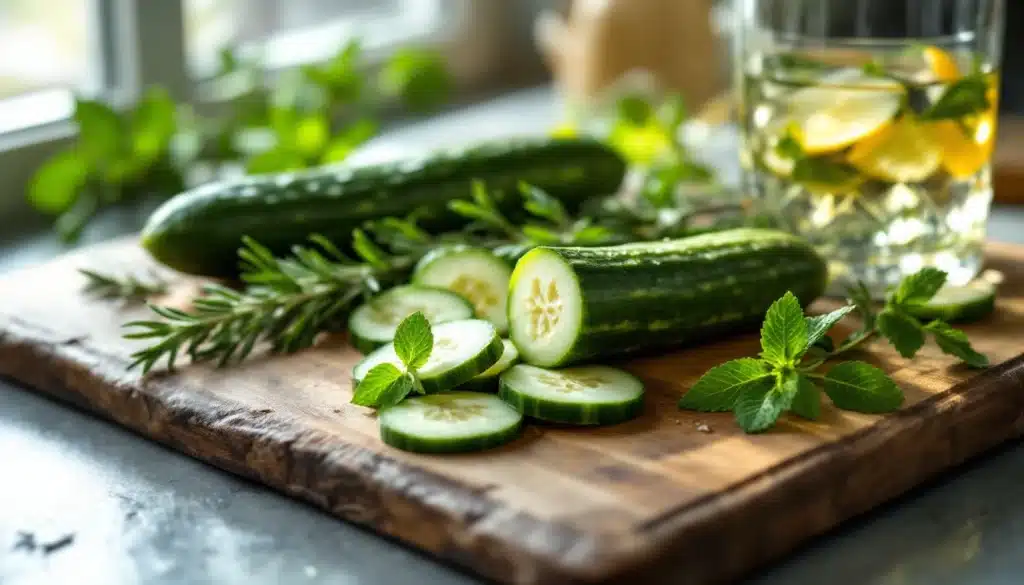 Concombre et menthe sur planche en bois.
