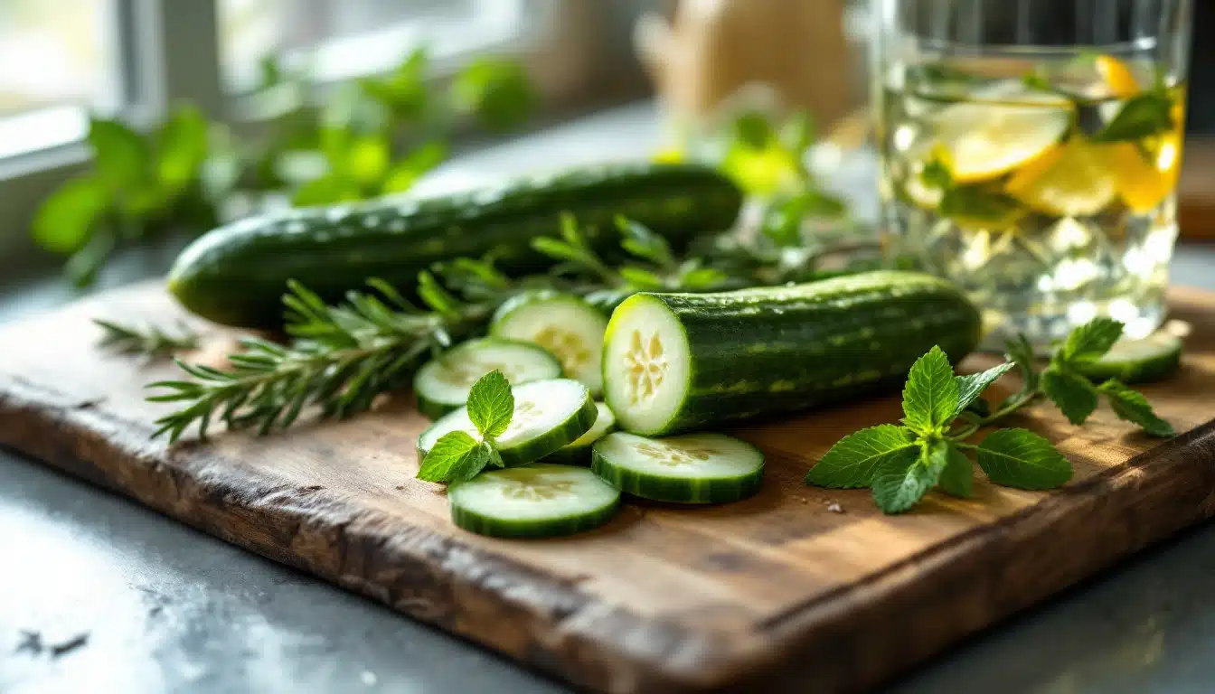 Concombre et menthe sur planche en bois.