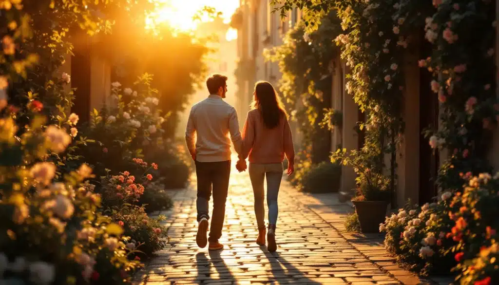 Couple marchant main dans la main au coucher du soleil.