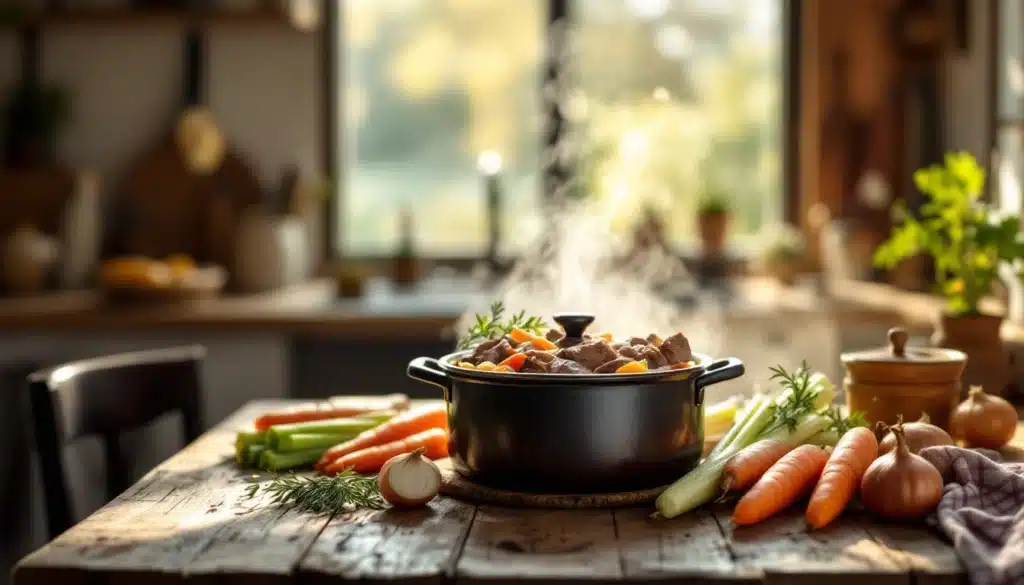 Ragoût mijotant dans une cuisine avec légumes frais.