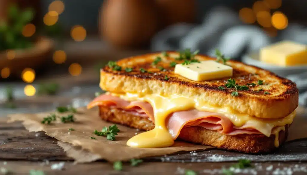 Croque-monsieur au fromage fondu et jambon.
