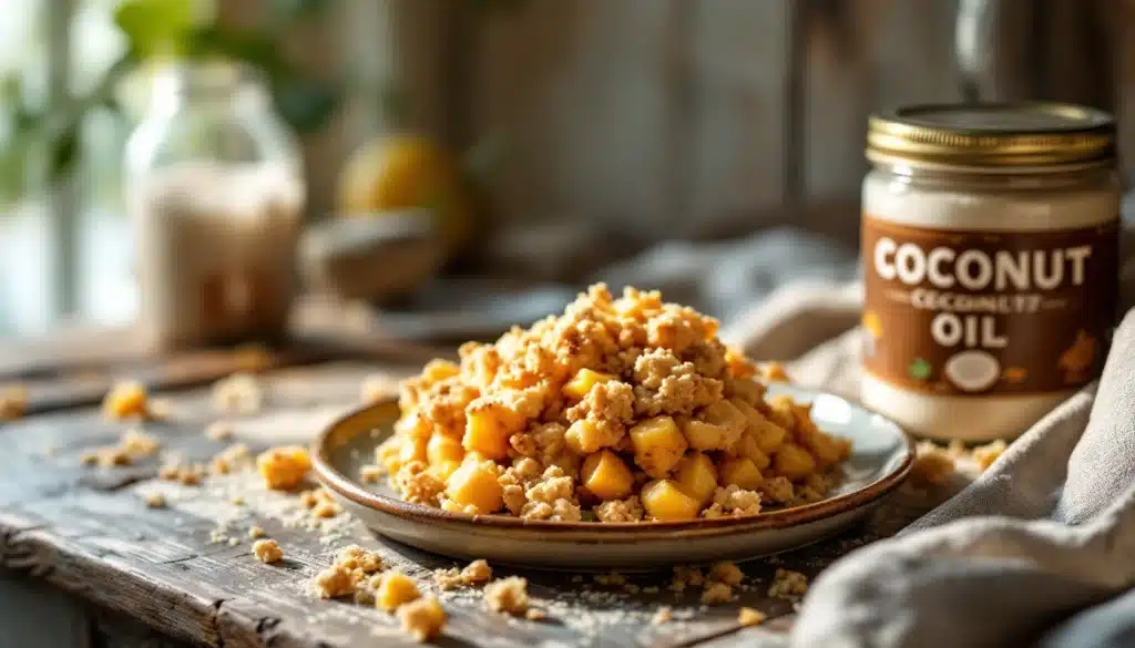 Crumble de mangue et huile de coco en arrière-plan.