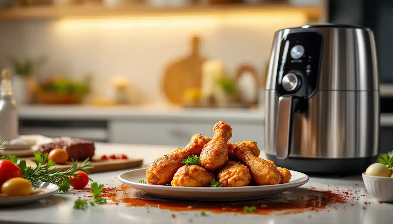 Poulet frit et friteuse dans cuisine moderne.
