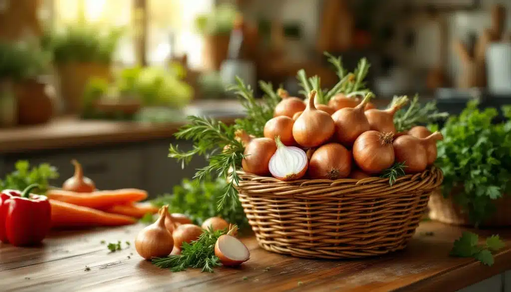 Panier d'oignons et légumes sur table en bois.