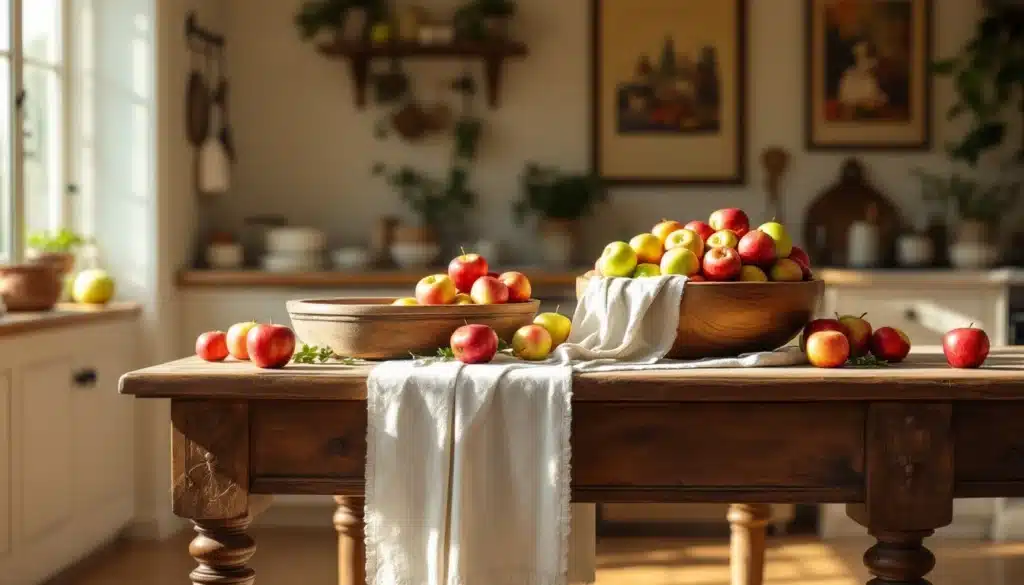 Pommes sur table en bois dans cuisine rustique.