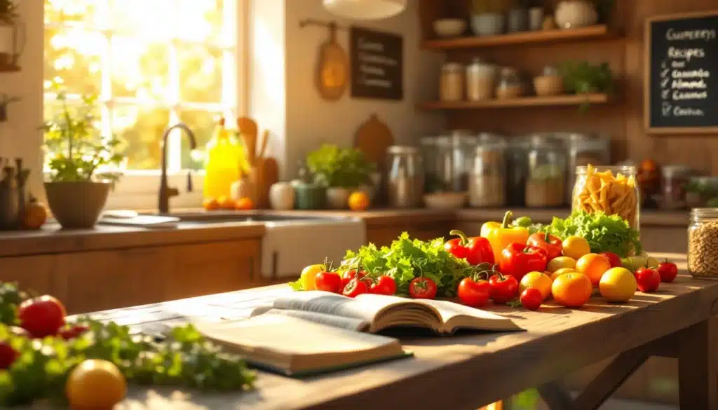 Cuisine ensoleillée avec légumes et herbes fraîches.