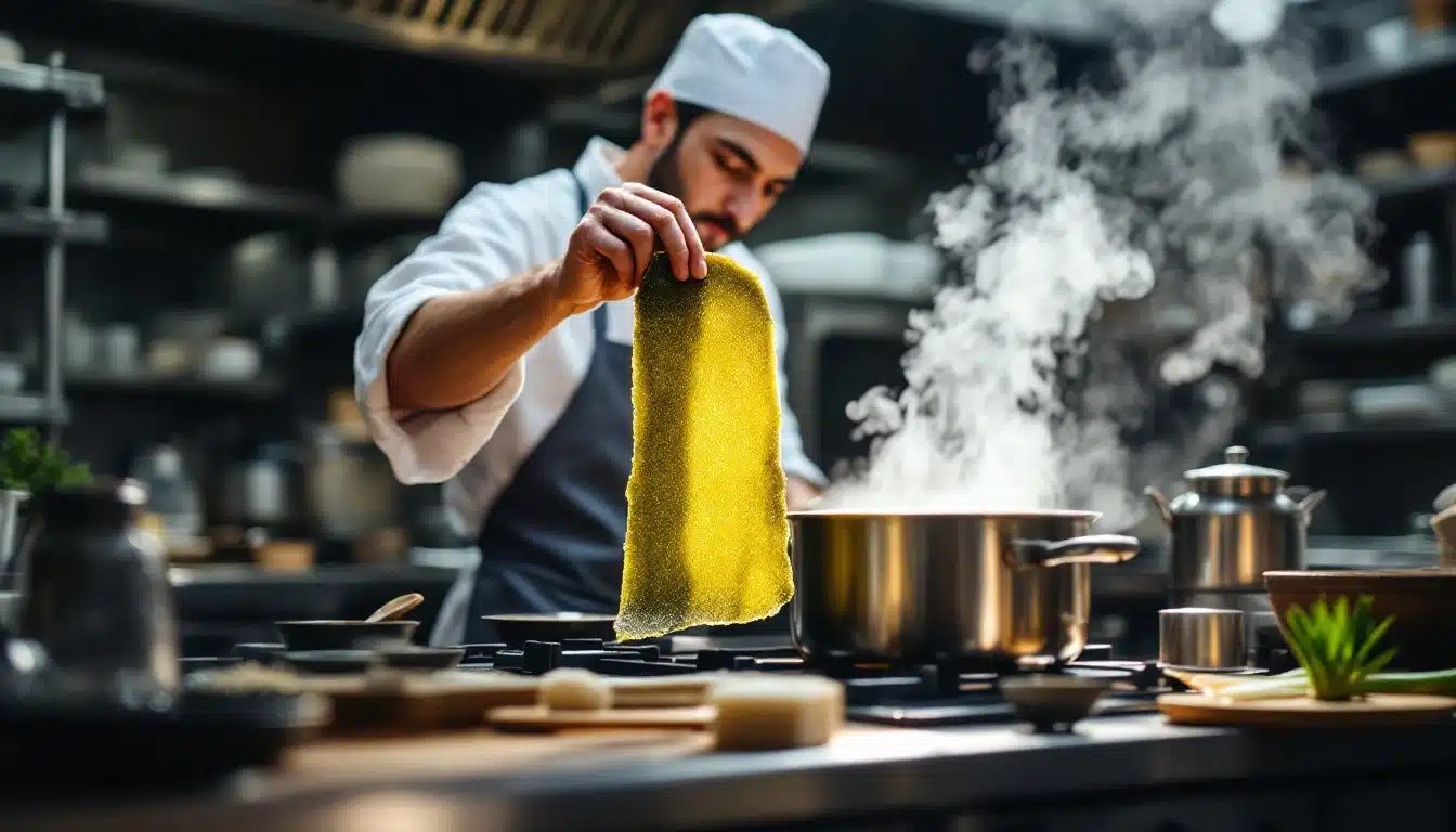 Chef cuisine pâte dans une cuisine professionnelle.
