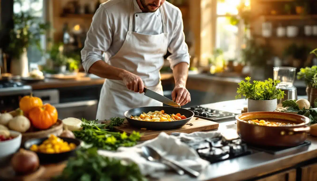 Chef coupant des légumes dans une cuisine.