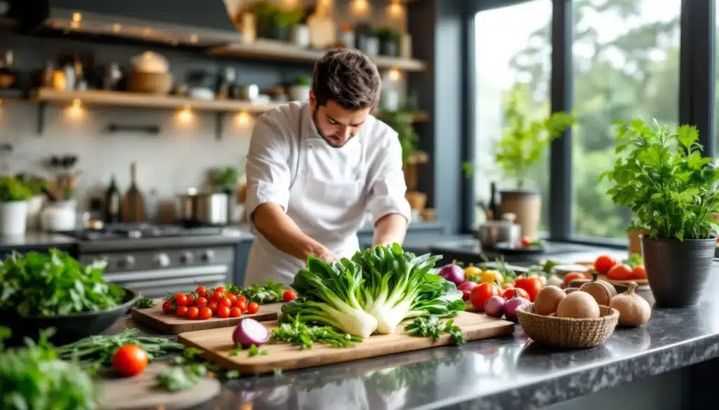 Chef cuisinant avec légumes frais sur planche.