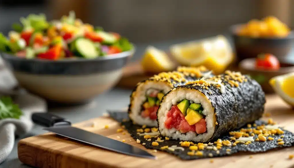 Sushi rouleau avec légumes et couteau de cuisine.