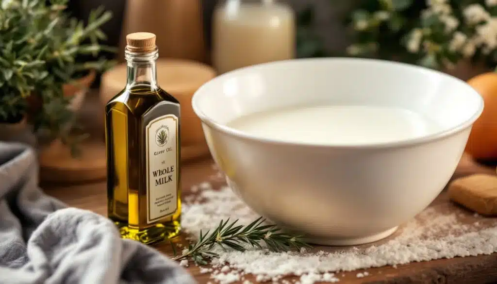 Bol de lait avec bouteille d'huile d'olive.