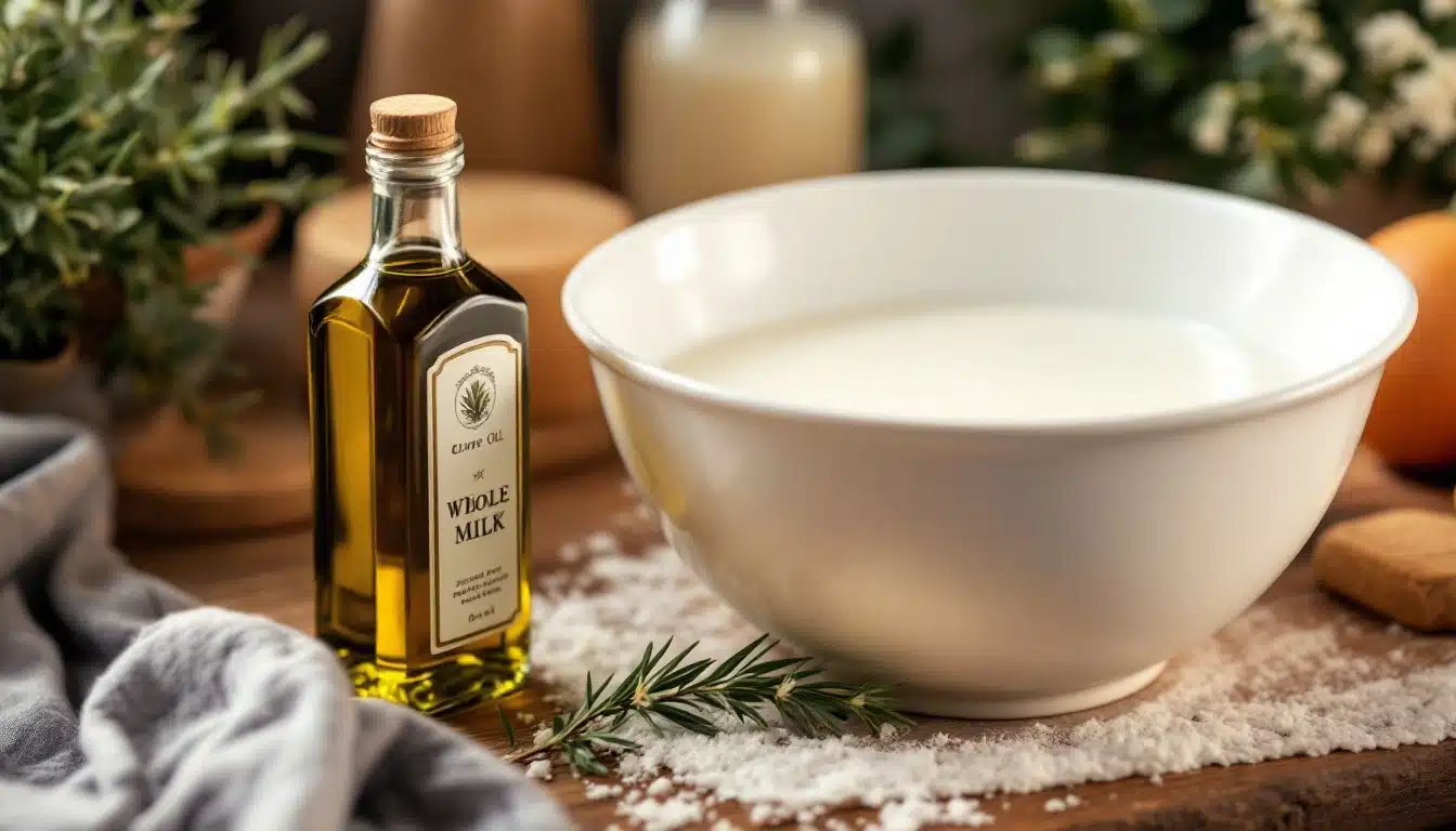 Bol de lait avec bouteille d'huile d'olive.
