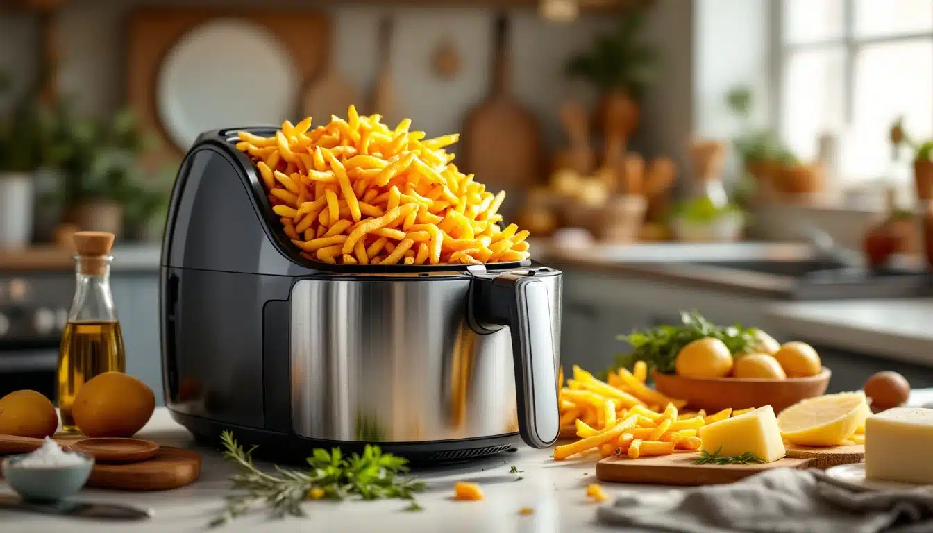 Frites dorées dans une friteuse sans huile moderne.