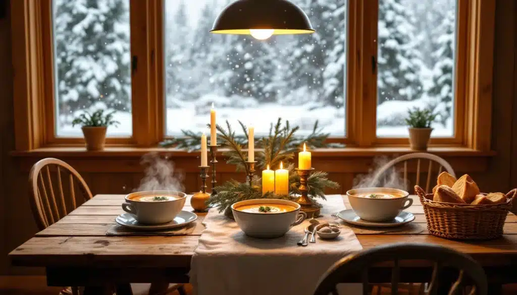 Dîner d'hiver avec soupe et bougies, vue neige.