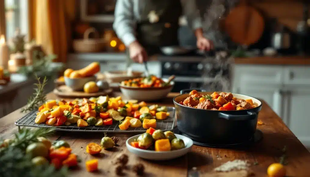 Cuisine de légumes et viande en cuisine chaleureuse.