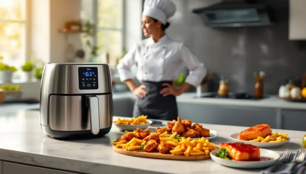 Friteuse et plats frits dans cuisine moderne.