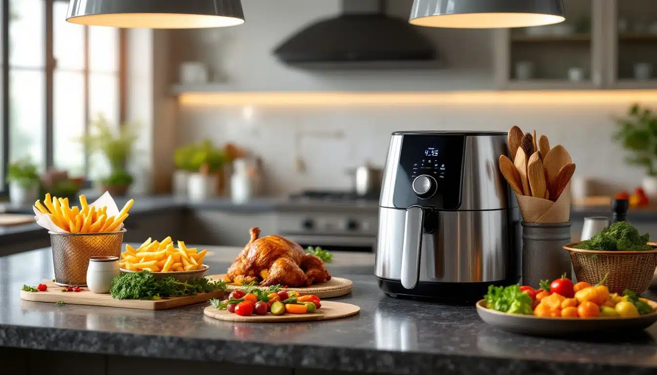 Cuisine avec friteuse, poulet et légumes.