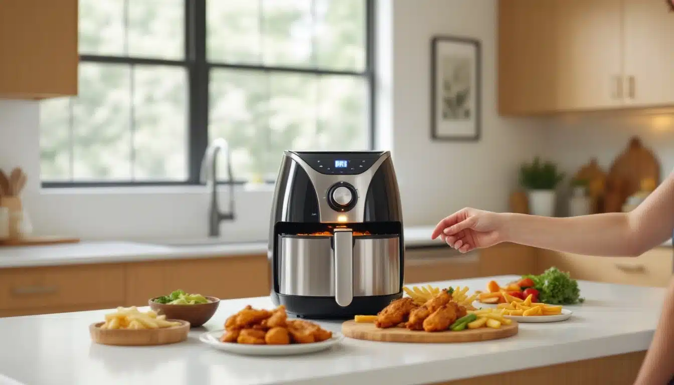 Friteuse à air sur un comptoir de cuisine moderne.