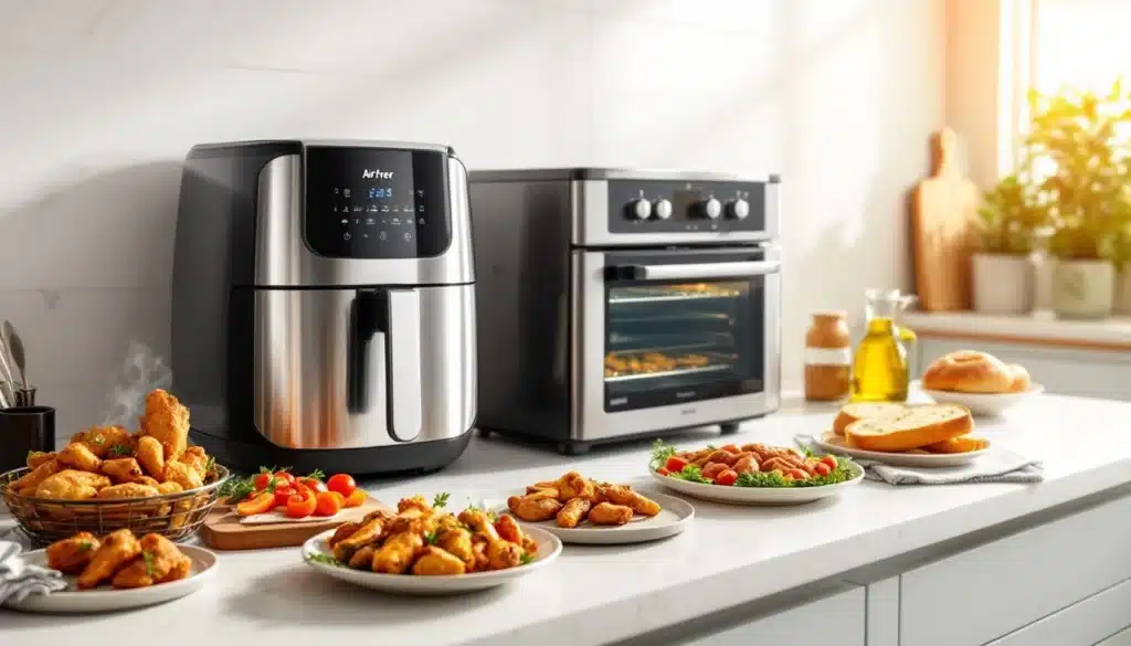 Cuisine moderne avec airfryer et four électrique.