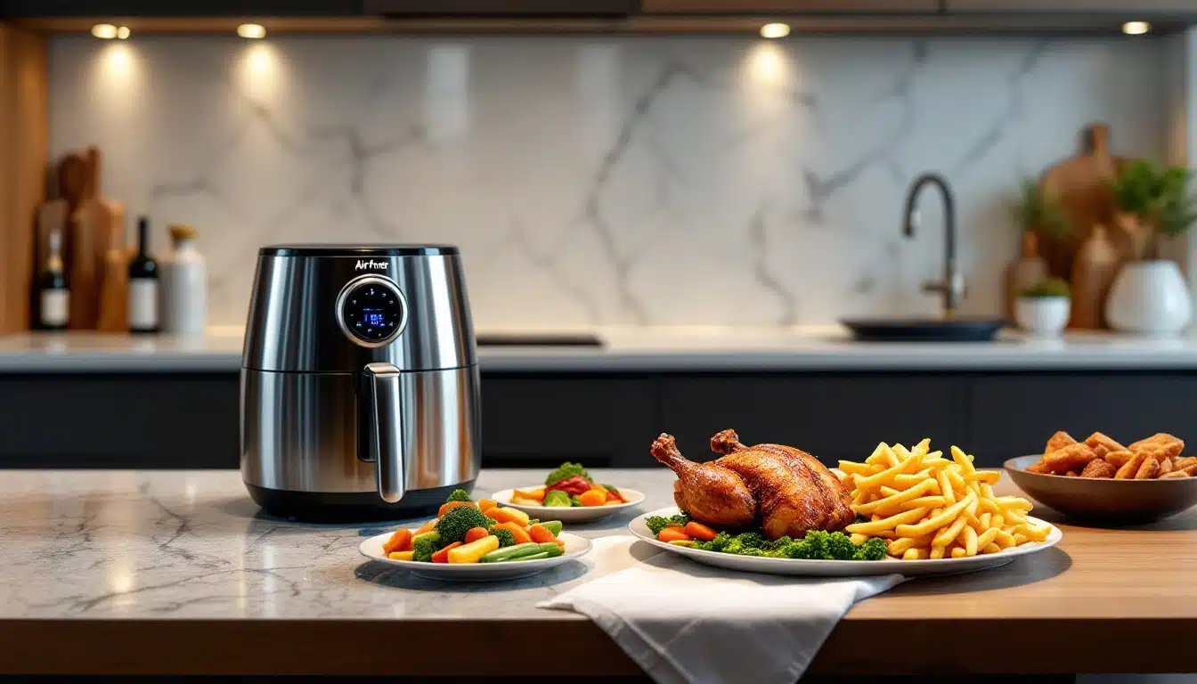 Friteuse à air avec repas sur table de cuisine.