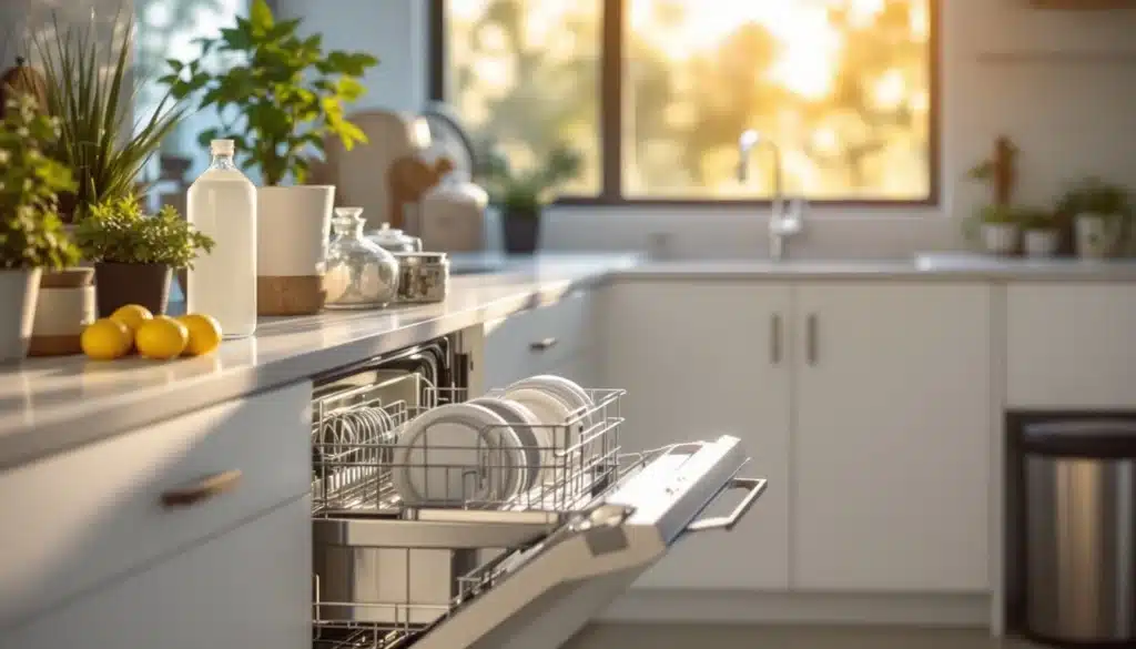 Cuisine moderne avec lave-vaisselle ouvert.
