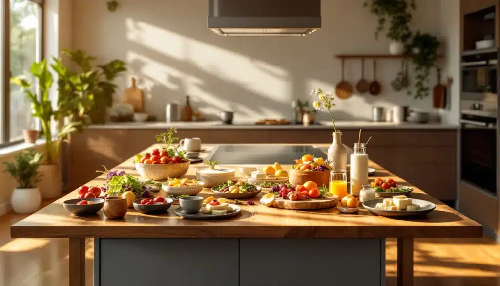 Petit déjeuner coloré sur table ensoleillée.