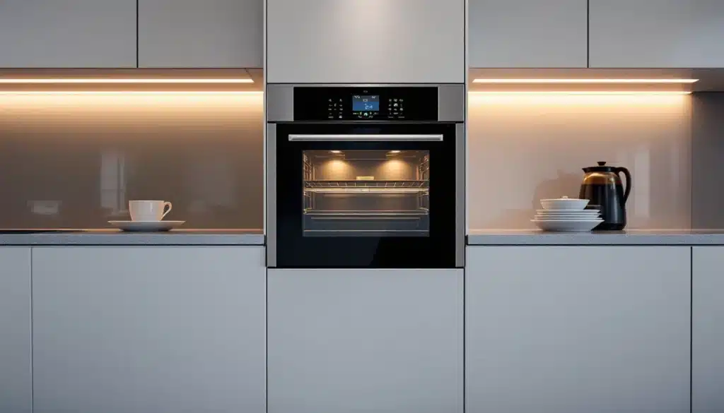 Four moderne encastré dans une cuisine lumineuse.