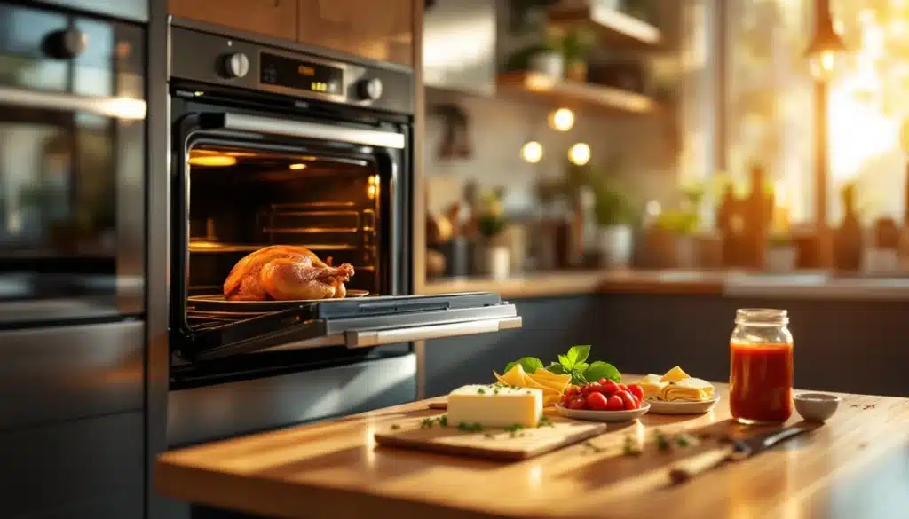 Poulet rôti au four dans cuisine ensoleillée.