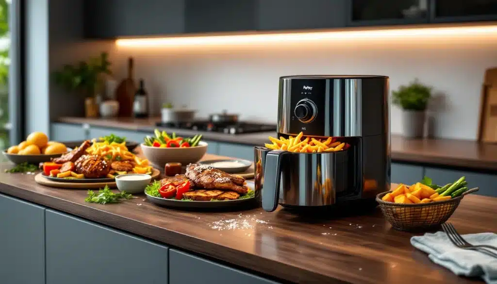 Friteuse avec aliments, cuisine moderne.