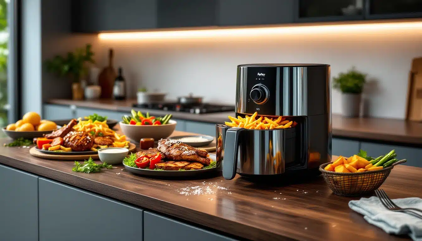 Friteuse avec aliments, cuisine moderne.