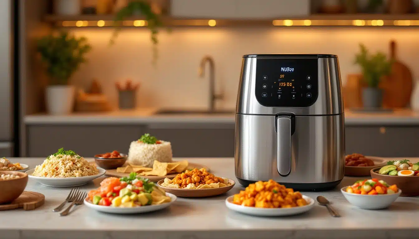 Airfryer avec des plats sains sur une table.