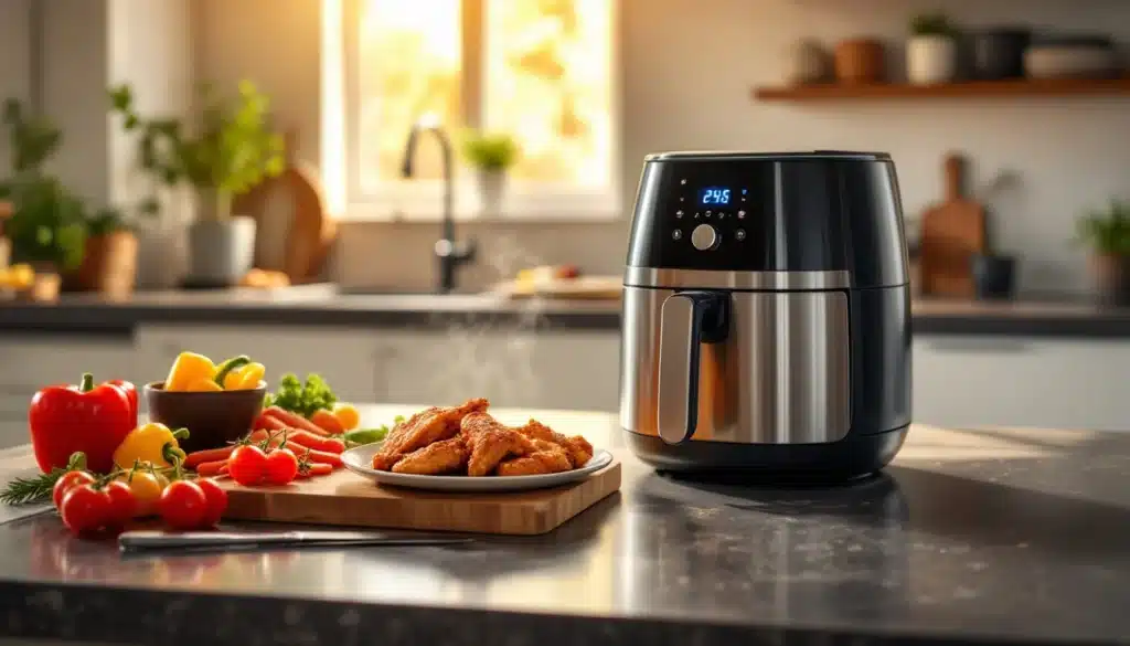 Friteuse avec assiette de poulet, ambiance cuisine