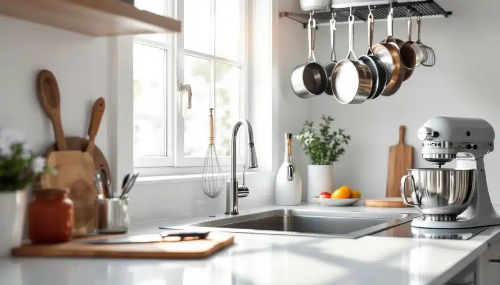 Cuisine moderne avec robot et ustensiles accrochés