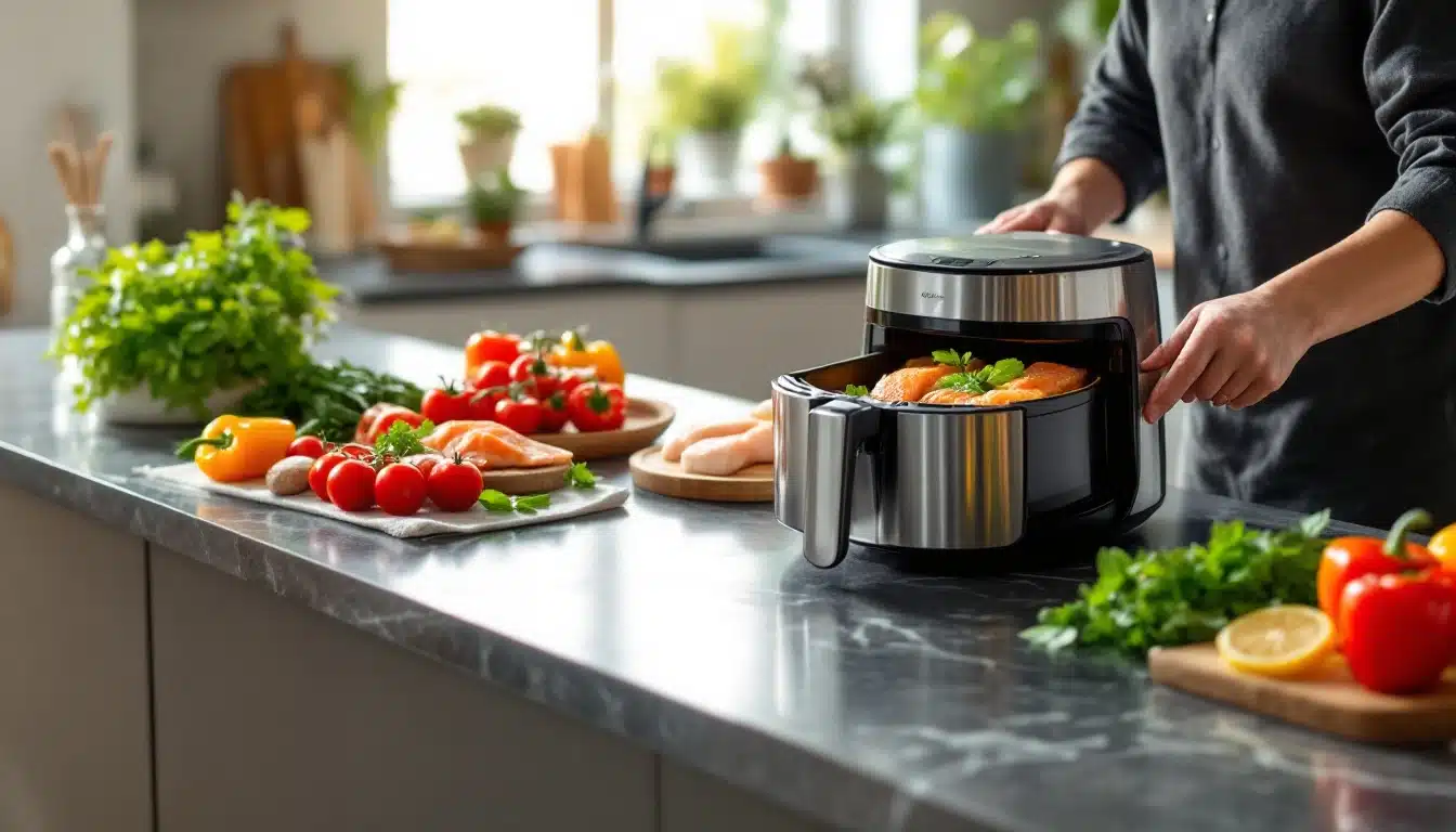 Airfryer avec légumes et saumon sur plan de travail.