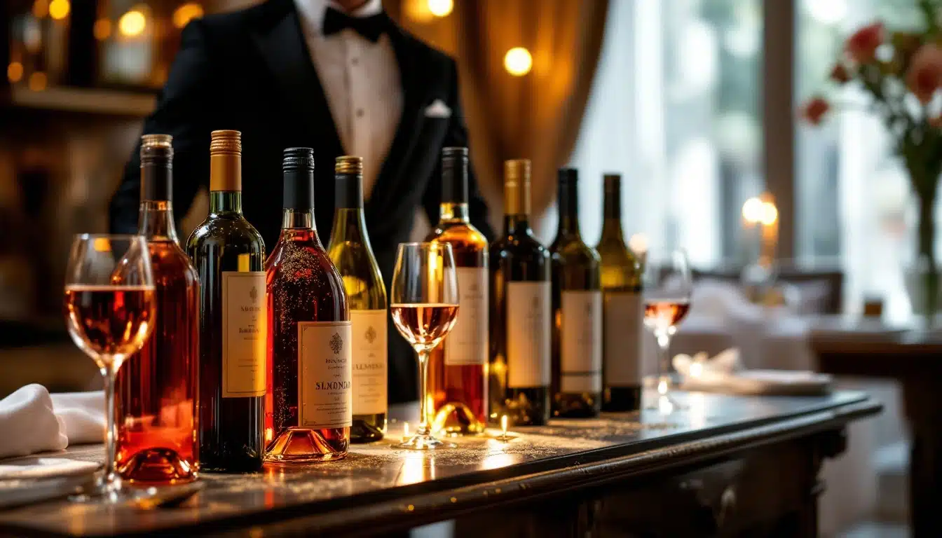 Bouteilles de vin alignées sur une table élégante.