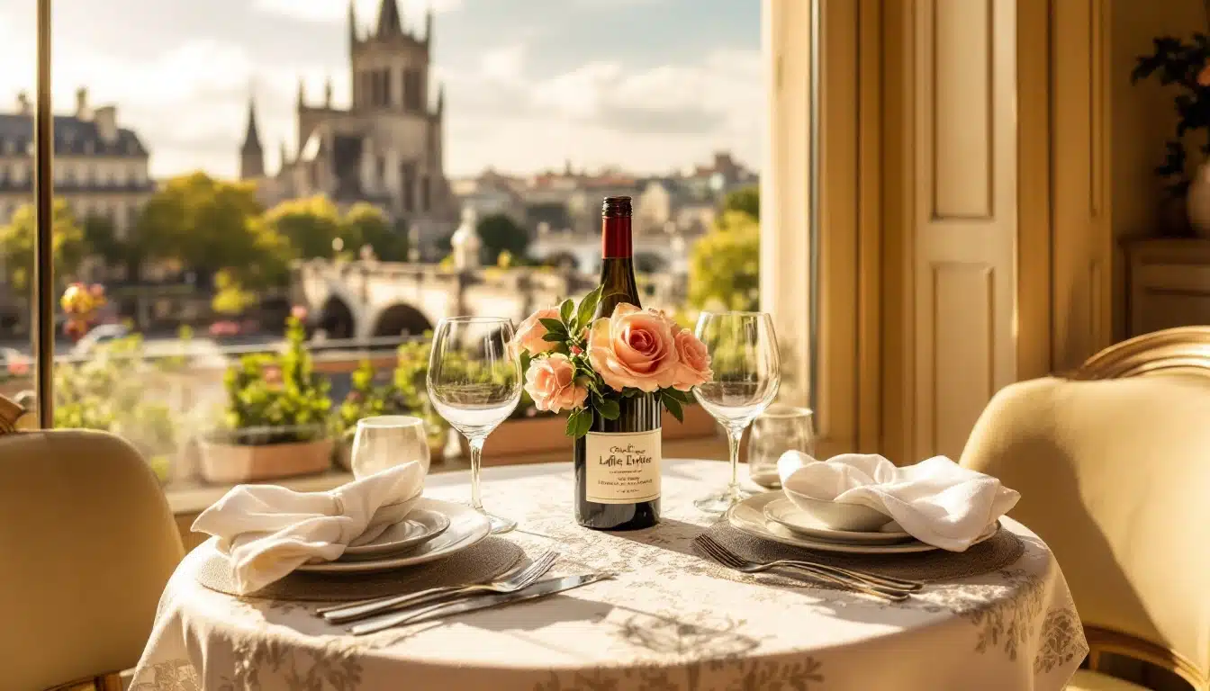Table élégante avec vue sur église parisienne.