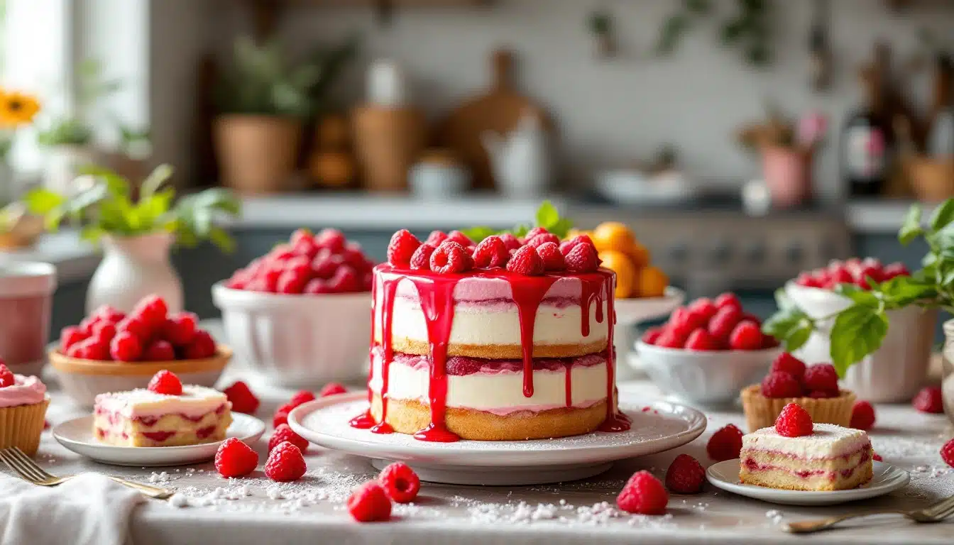Gâteau aux framboises avec glaçage coulant.