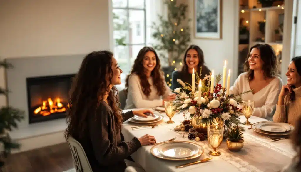 Repas festif entre amis autour d'une table décorée.