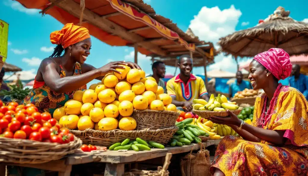 Femmes vendant fruits au marché africain coloré.