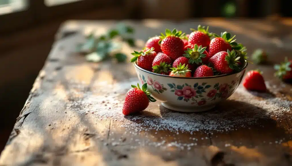 Bol de fraises fraîches sur table en bois