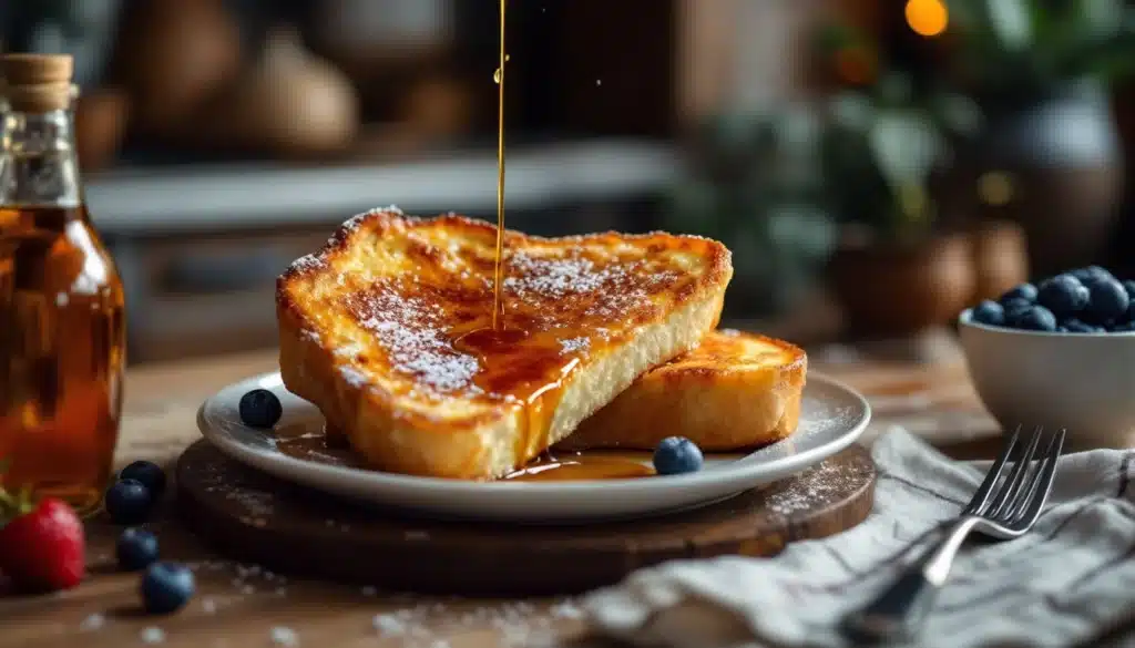 Pain perdu au sirop d'érable et fruits.