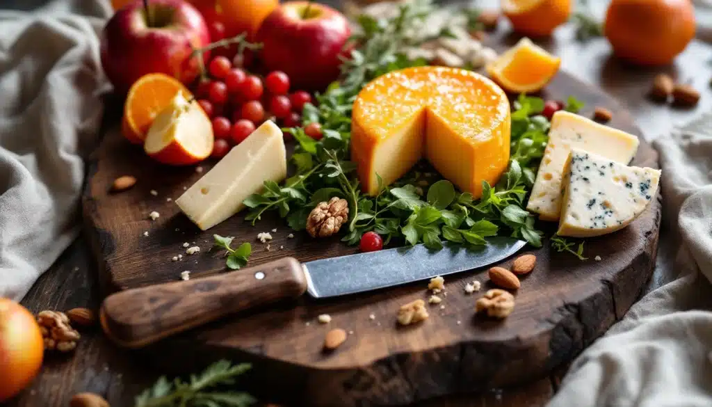 Plateau de fromages et fruits frais.